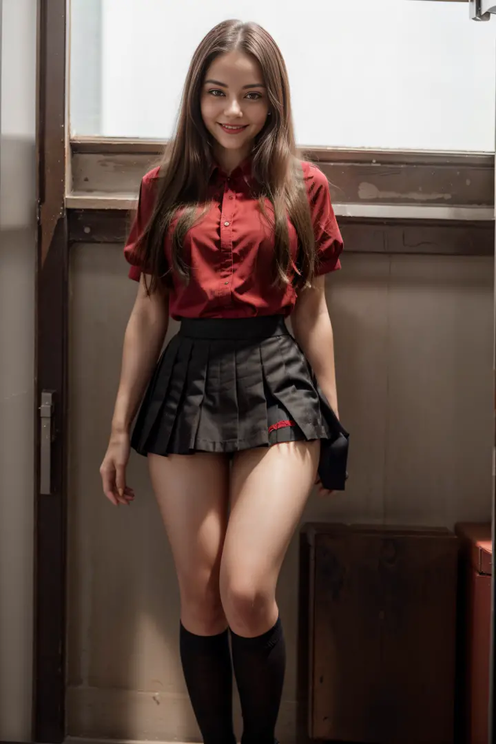 1girl 18 years old, dark long hair, red eyes, almond-shaped eyes, voluminous red lips,, Smiling, perfect figure, in a high school uniform, wearing a stocking above the knees, wearing a short skirt, Upskirt Point of View, you can see panties, black panties,...