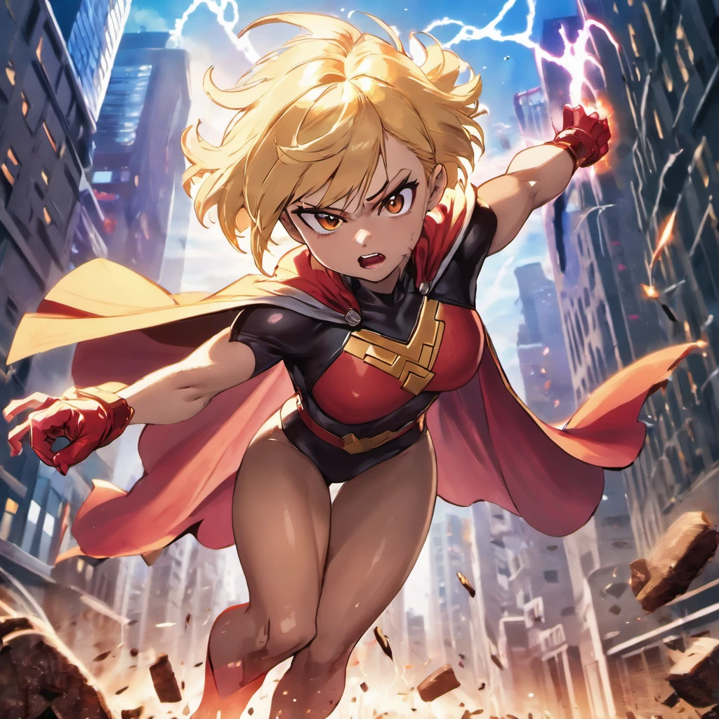 female Omni-Man from Invincible,muscular,short bob-cut blonde hair,(perfect eyes),(masterpiece:1.2),(heroic pose),(wearing cape),(detailed facial features), (sharp focus),vivid colors,studio lighting,(physically-based rendering),superhero,action-packed scene,city skyline in the background,flying in the air,debris and dust particles, (ultra-detailed),(realistic),(HDR),(extreme detail description),powerful expression,confident stance,devastation and destruction,sunlight shining through the clouds,dynamic composition, (highres,4k),intense energy emanating from the character