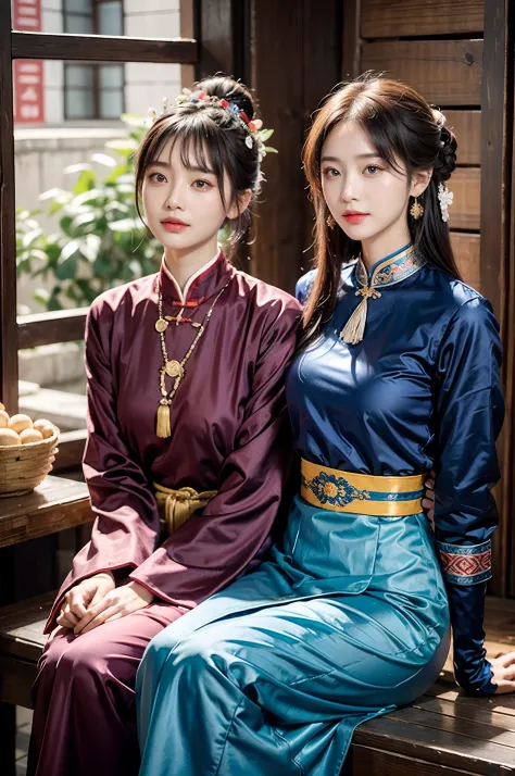 （8K分辨率，Vista full body photo），（closeup portrait of two women,sitting together,Detailed Face, front view, Look at the camera,duo,...