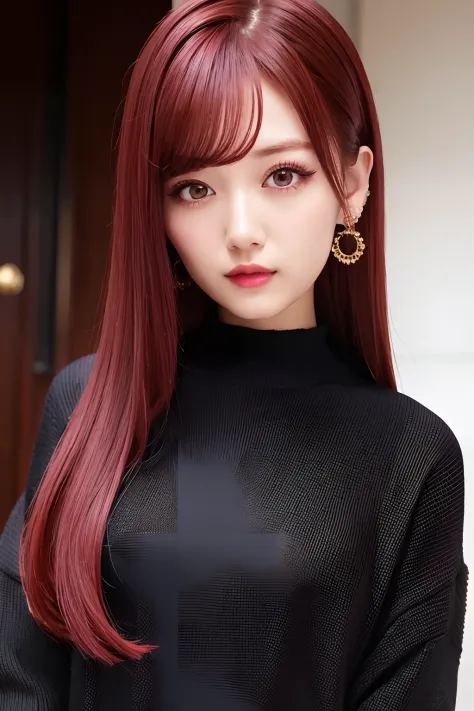 master piece, 8k, 1girl, (dark red hair:1.2), (long hair:1.1), (hime_cut:1), cute, idol, false eyelashes:1.2, (eyeliner:1.2), ear piercings, upper body, black sweater