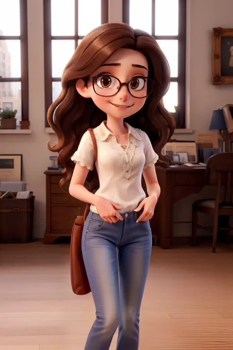 Young brunette woman, long dark brown wavy hair, light brown eyes, glasses wearing jeans and white lace blouse in New York