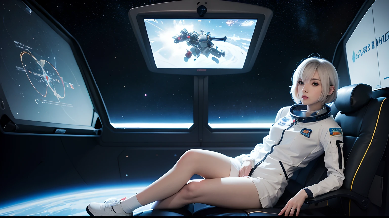 a cartoon picture of a woman in a space station, pixiv contest winner, 2 0 1 9 anime screenshot, human game protagonist designs, portrait anime space cadet girl, orianna, short white hair, astronaut below, dating app icon, but a stern look about her, webtoons, looking left