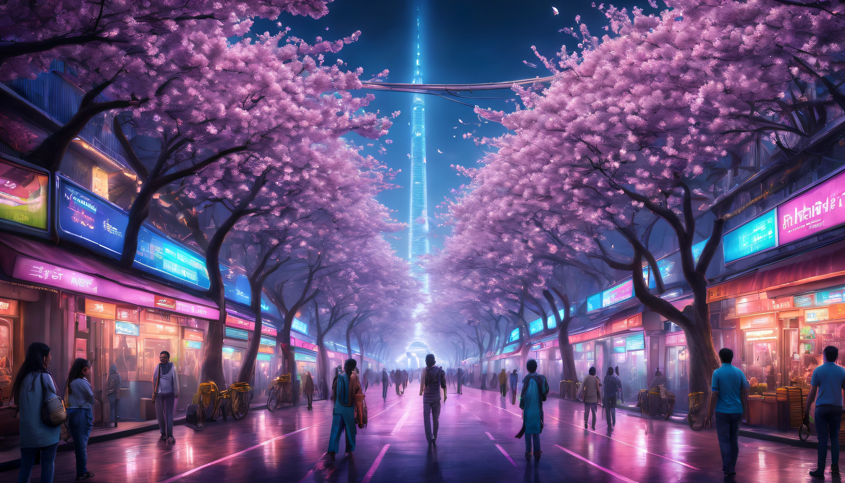 In a vibrant and bustling future Delhi, the streets come alive with the luminous glow of bioluminescent cherry blossoms, Transport yourself to this detailed and symmetrical scene, where a futuristic and sci-fi ambiance merges with the delicate beauty of nature.Realism, god rays, ray tracing, best quality, highres, award winning, high details, UHD, 8k