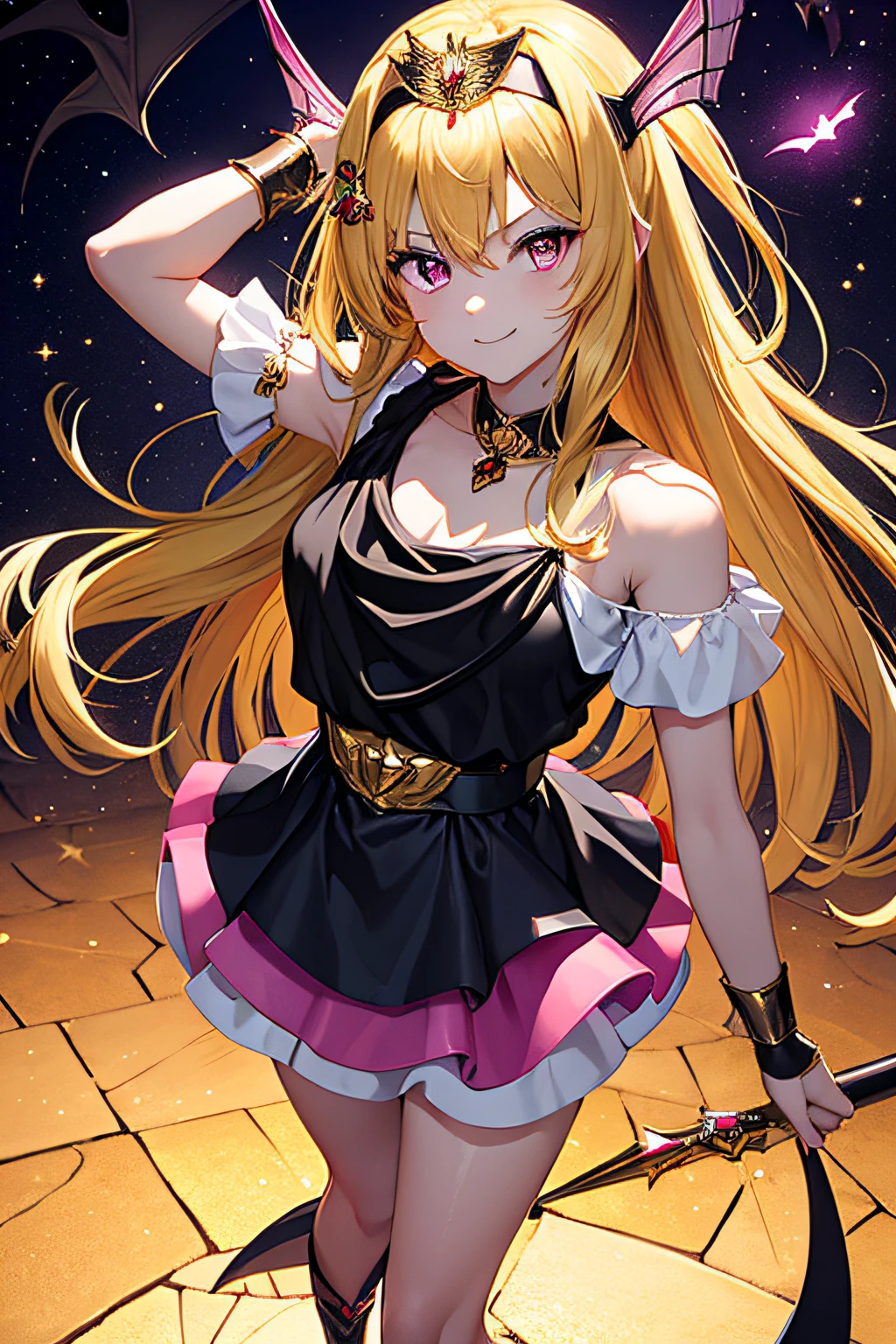 best quality, ultra detailed,1girl, solo, MagicalPrincess, blonde hair, purple elegant dress, purple skirt, brown eyes, devil eyes, hairband, jewelry, long hair, blush, black pauldron, enamel high boots pointed tip, black scarf, (shiny fabric:1.4), black tiara with bat wings ornament, gold ornaments, (black frills), bat wings ornaments, black footwear, black armband, large devil wings, demon tail, see-through sleeves, evil smile, standing, corruption, pink glowing, full body shot