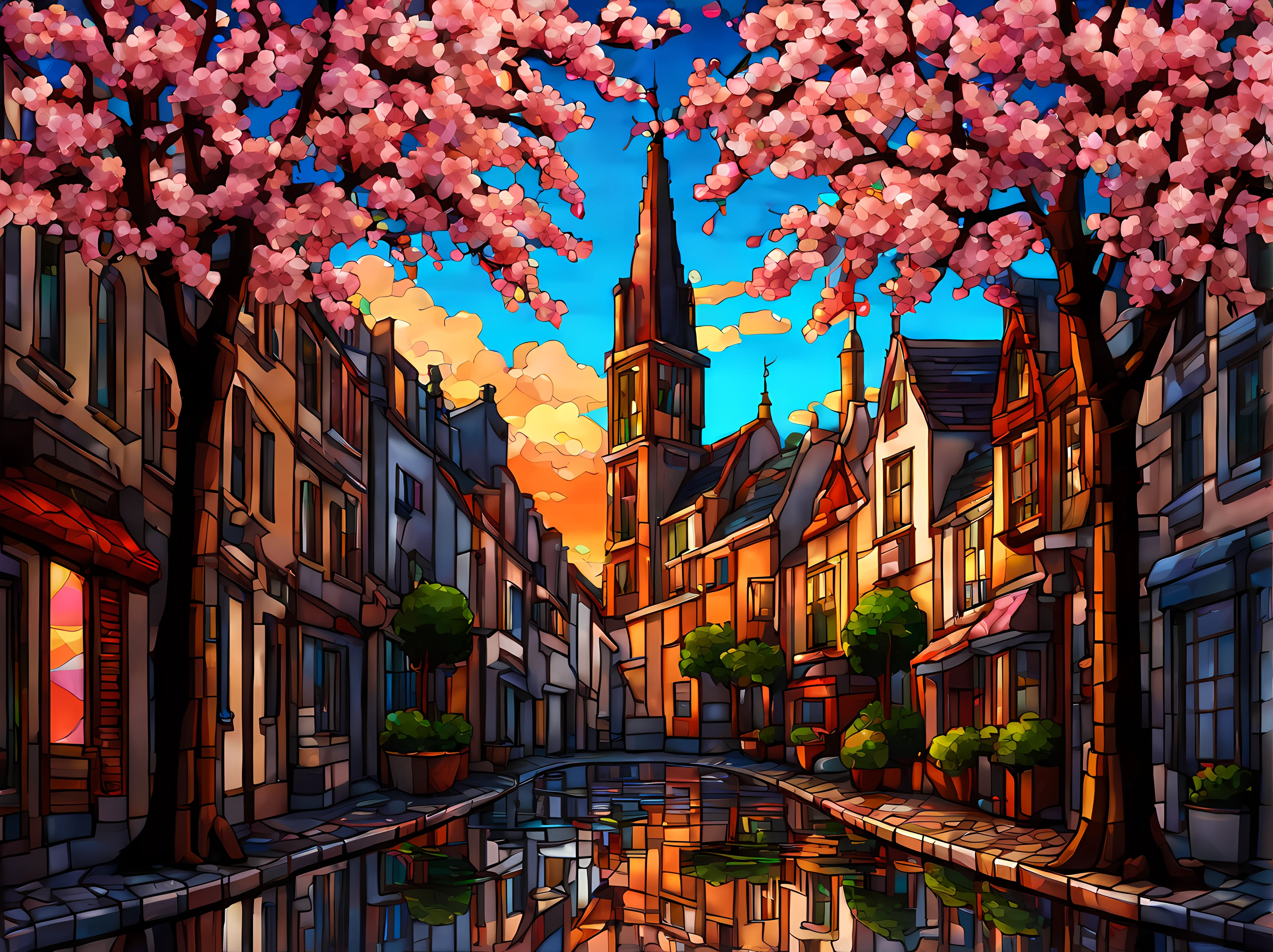 (symmetrical:1.6), (low angle shot:1.3), (pixel art:1.3), (long gothic street with cherry blossom trees), water splash, (sunset), (((stained glass)))