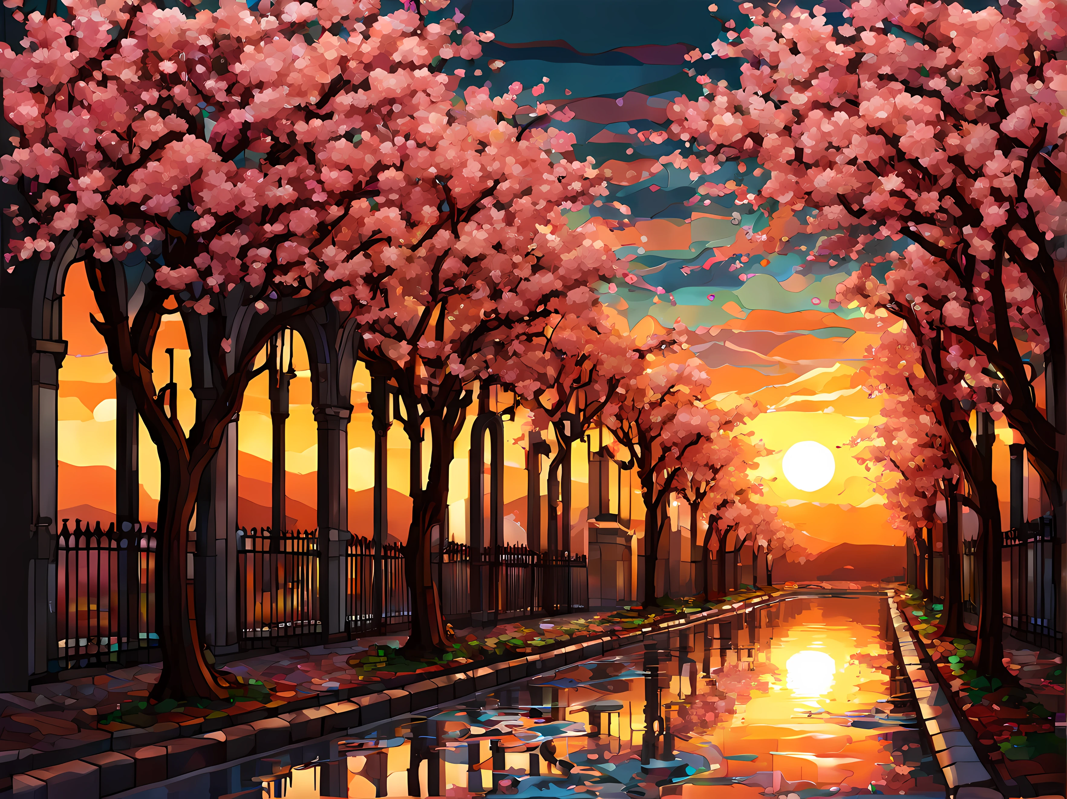 (symmetrical:1.6), (low angle shot:1.3), (pixel art:1.3), (long gothic street with cherry blossom trees), water splash, (sunset), (((stained glass)))