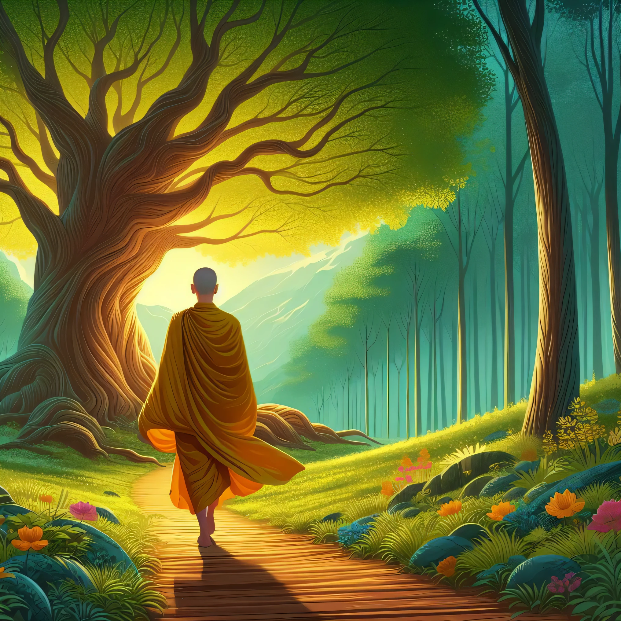 a man in a yellow robe walking down a path through a forest, on path to enlightenment, on the path to enlightenment, monk meditate, buddhism, an ancient path, spiritual enlightenment, golden sacred tree, the bodhi tree at sunset, buddhist, realm of life, monk, the journey of life, buddhist monk, blossoming path to heaven, serene illustration