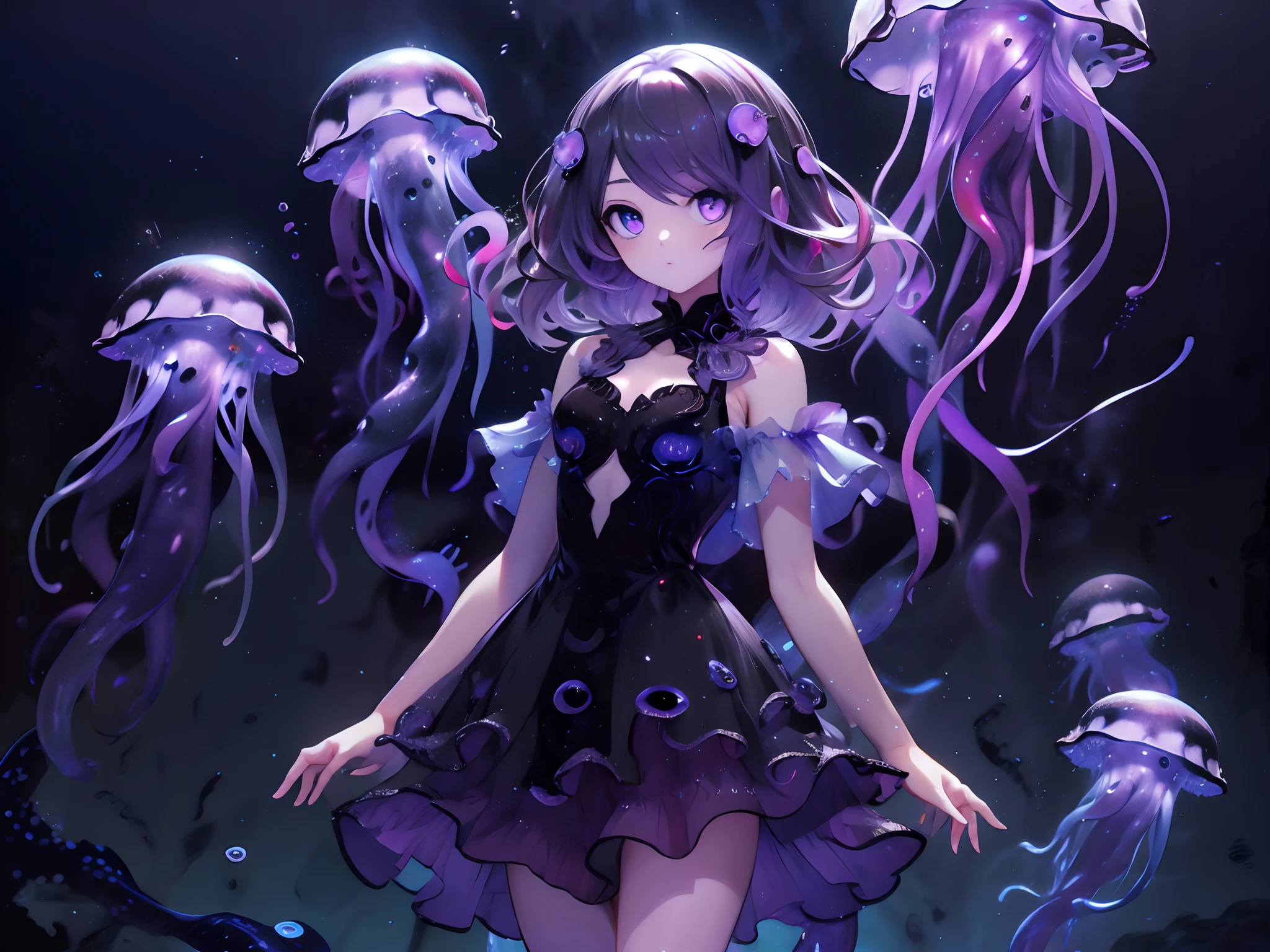 A girl wearing a jellyfish dress. A black jellyfish and a purple glow. Black tentacles lined with purple luminescent bodies. Deep sea.