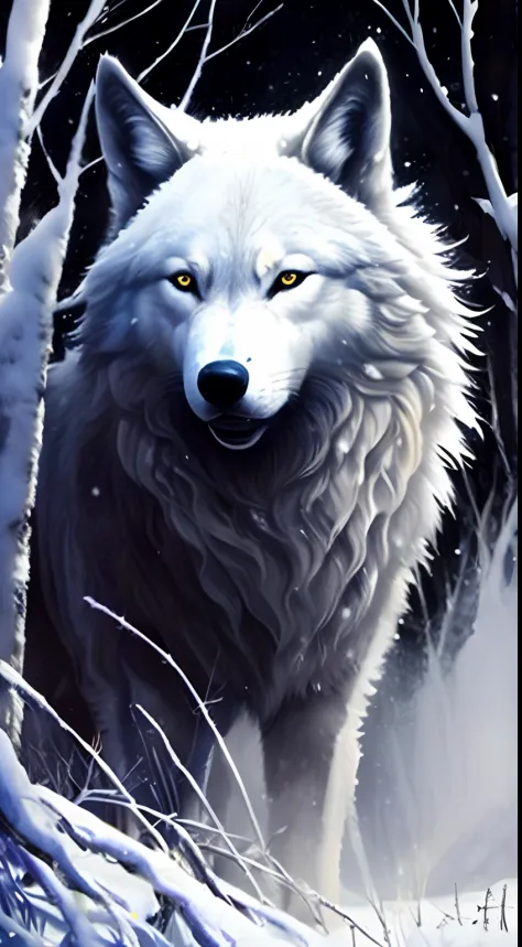 A painting of a wolf in the snow with trees and snow, lobo branco, um lobo branco, lobo, foto de lobo, grande lobo, retrato do lobo da fantasia, Lobo branco com olhos azuis, Wolp, 3 0, lobo peludo, dire wolf, lobo, retrato do lobo, foto de perfil, lone wol...