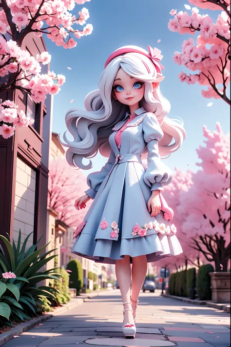 painting of the Eiffel tower, Cherry blossoms around Eiffel tower, vampire college student Cherry in Paris, white hair, blue eye...