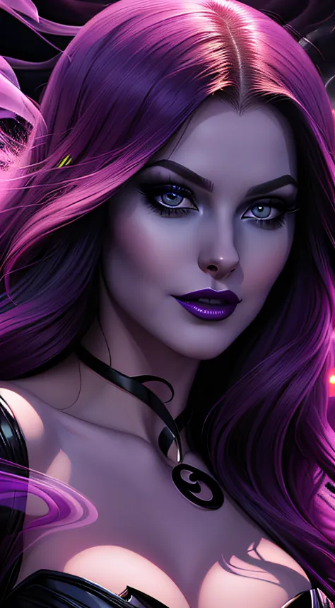 portrait of a young beautiful enchantress, long purple hair, lush purple lips, highly detailed face, evil, villainess, black pro...