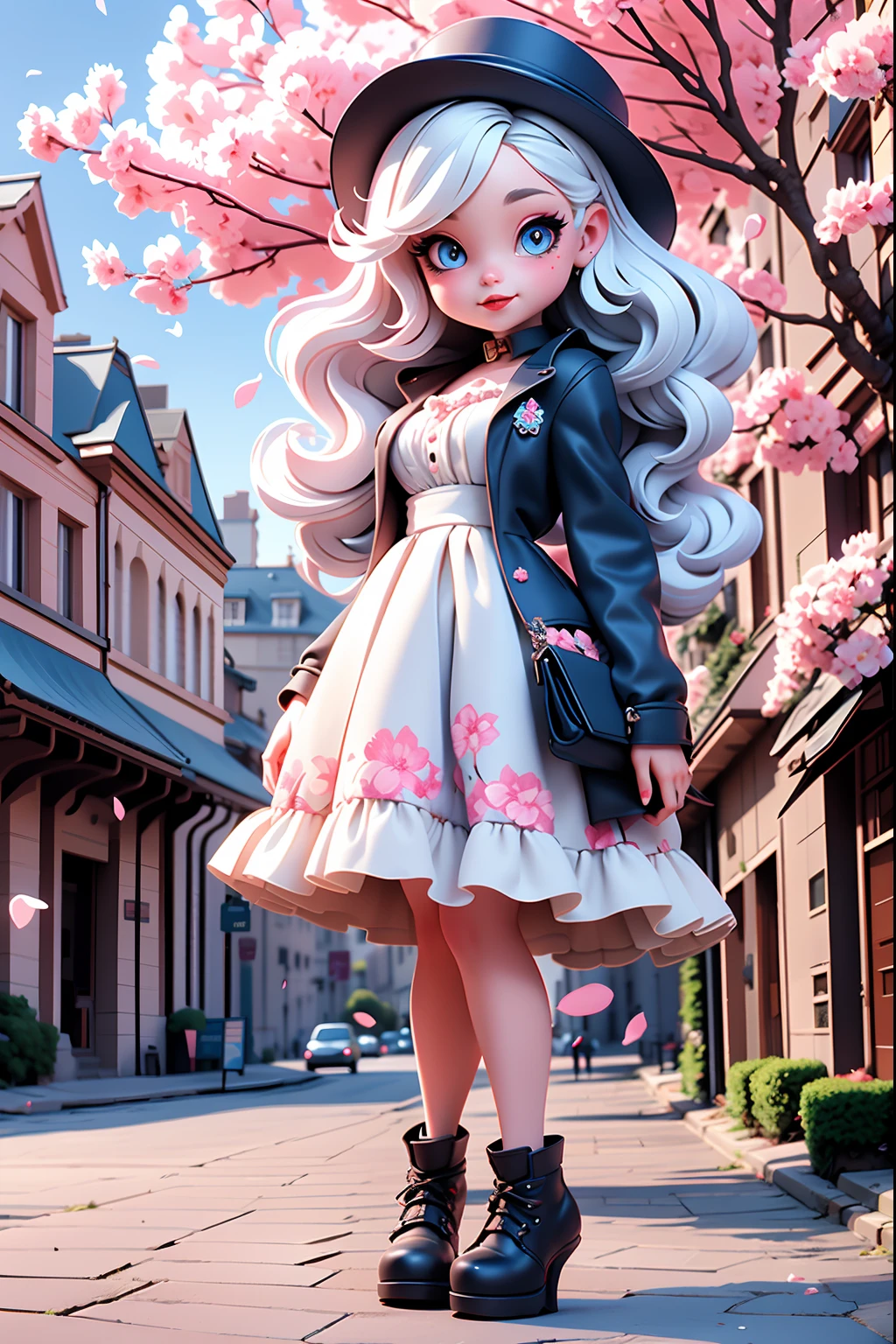 painting of the Eiffel tower, Cherry blossoms around Eiffel tower, vampire college student Cherry in Paris, white hair, blue eyes, (sunkissed street pathway), beautiful art, uhd 4k, an exquisite illustration, gorgeous digital painting, highly detailed digital painting, very detailed digital painting, rich picturesque colors