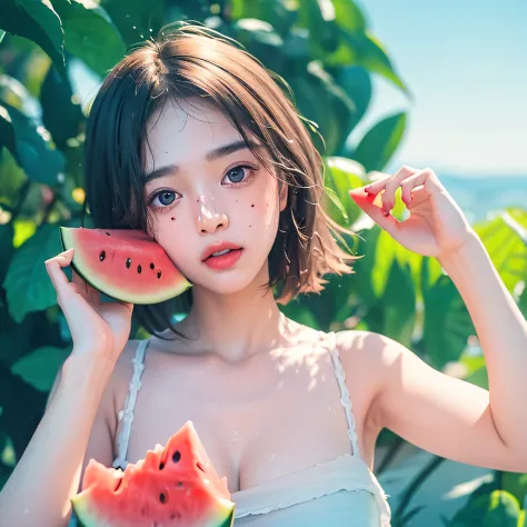 masterpiece,ultra realistic,32k,extremely detailed CG unity 8k wallpaper, best quality, 1 girl, watermelon, summer, film color, ...