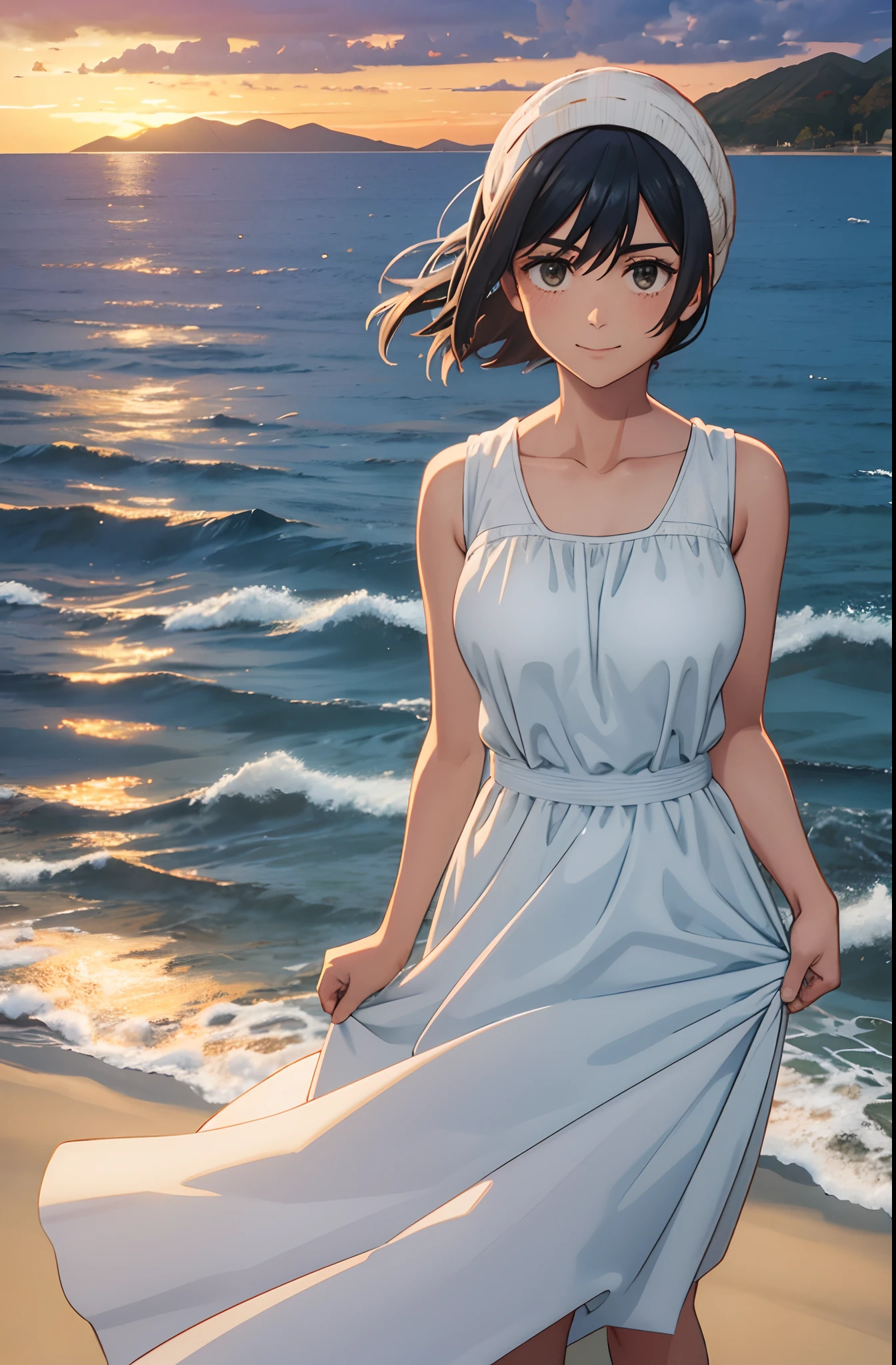 Kai Kokoai, STU48 Kai Kokoai, Short hair, Dark brown hair, 1girl, Autumn, autumn_leaves, Bangs, Beach, blue_sky, Blush, Breast, brown_hair, closed_mouth, Clouds, cloudy_sky, Clavicle, Day, Dress, Field, Flower, flower_field, Horizon, Lake, Leaf, looking_at_ viewer, mountain, mountainous_horizon, sea, outdoors, palm_tree, petal, plant, red_flower, short_hair, skirt_hold, sky, smile, solo, standing, sunset, tree, twilight, water, white_dress, perfect eye