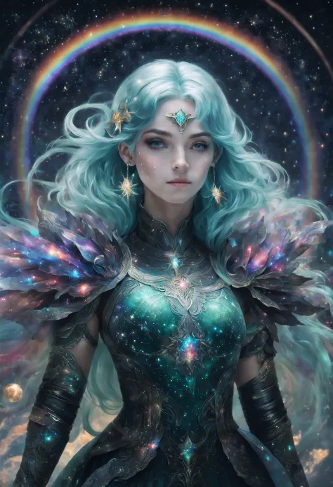 A girl with rainbow-colored hair and delicate teal dress armor, standing, rainbow colored cosmic nebula background, stars, galaxias, Intricate details, Perfect face