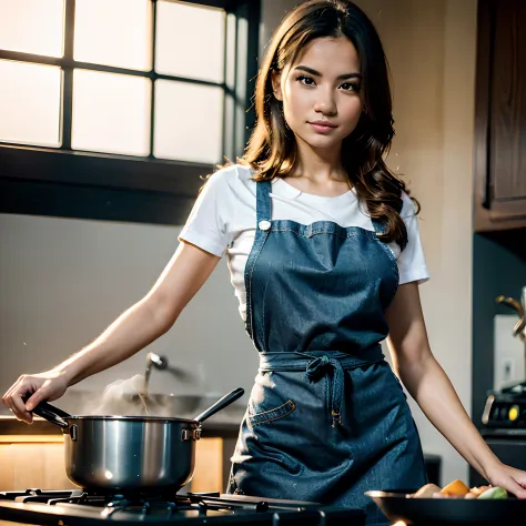 woman posing for a photo, in the litchen, (cooking), good hand,4k, high-res, masterpiece, best quality, head:1.3, studio lighting,, tshirt, apron, jeans, finely detailed skin, sharp focus, (cinematic lighting), soft lighting,