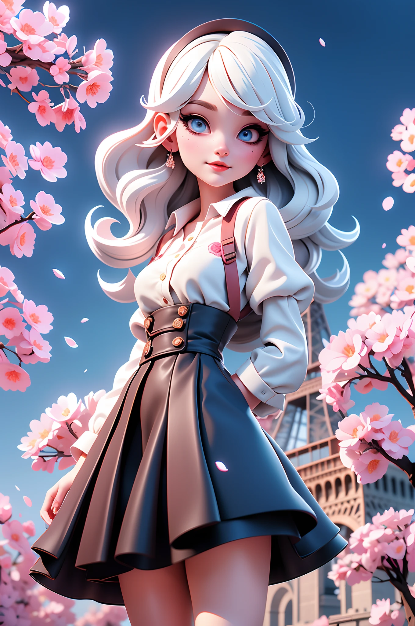 painting of the Eiffel tower, Cherry blossoms around Eiffel tower, vampire college student Cherry in Paris, white hair, blue eyes, sunkissed street pathway, beautiful art, uhd 4k, an exquisite illustration, gorgeous digital painting, highly detailed digital painting, very detailed digital painting, rich picturesque colors