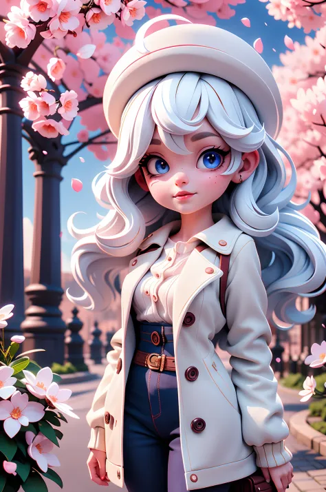 painting of the Eiffel tower, Cherry blossoms around Eiffel tower, vampire college student Cherry in Paris, white hair, blue eye...