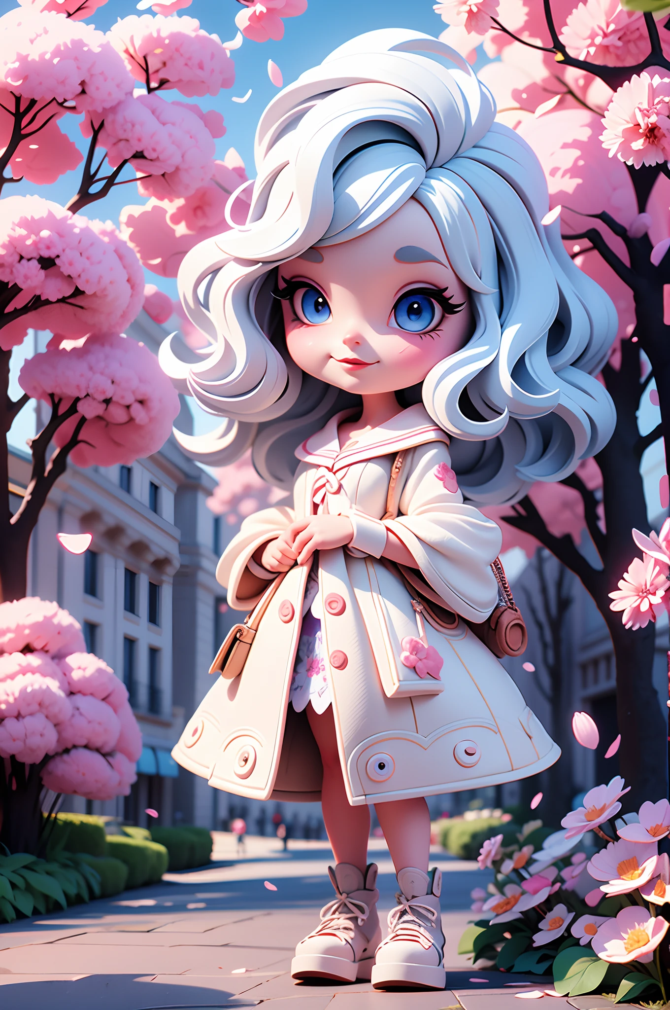 painting of the Eiffel tower, Cherry blossoms around Eiffel tower, vampire college student Cherry in Paris, white hair, blue eyes, sunkissed street pathway, beautiful art, uhd 4k, an exquisite illustration, gorgeous digital painting, highly detailed digital painting, very detailed digital painting, rich picturesque colors