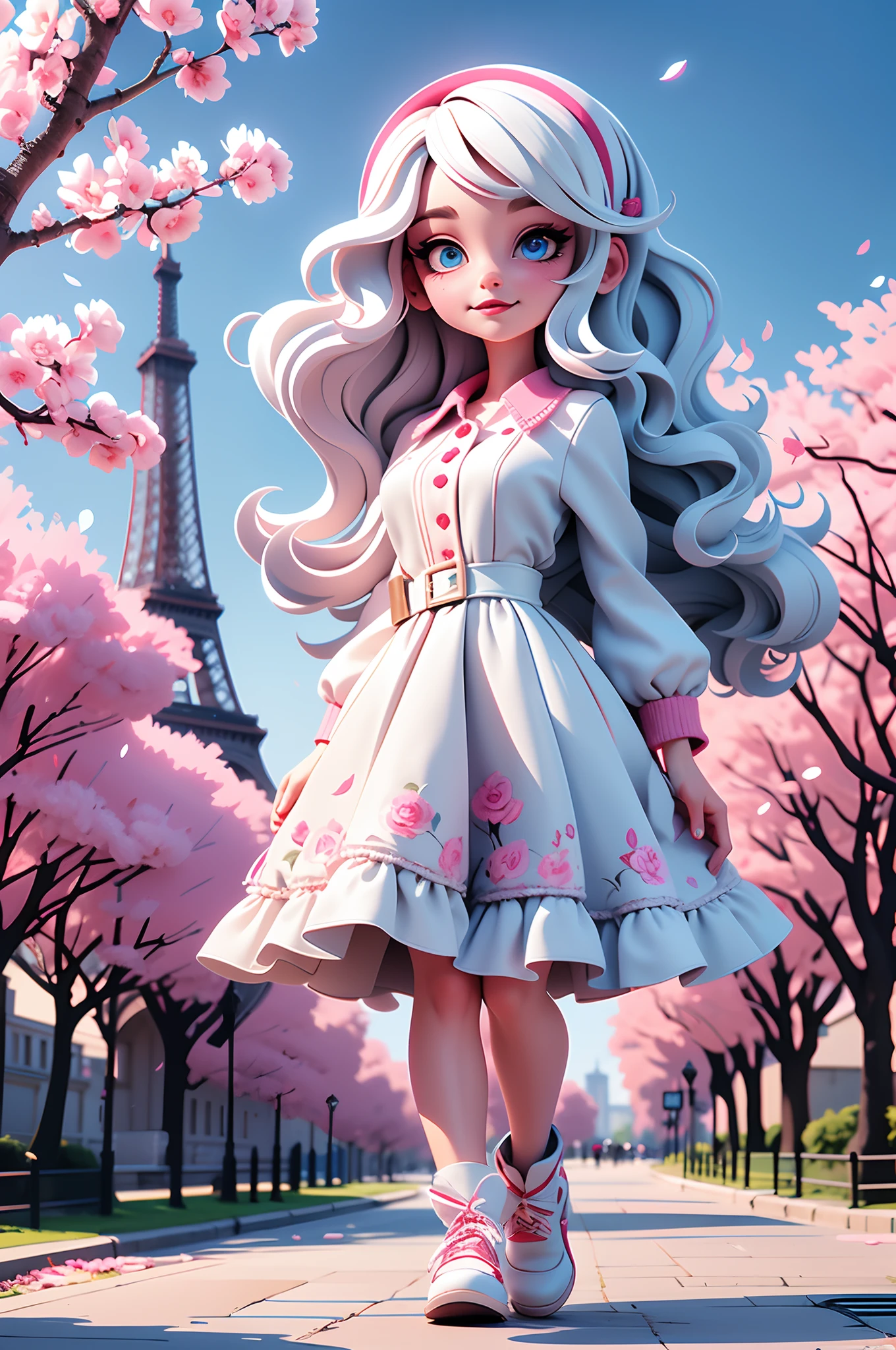 painting of the Eiffel tower, Cherry blossoms around Eiffel tower, vampire college student Cherry in Paris, white hair, blue eyes, sunkissed street pathway, beautiful art, uhd 4k, an exquisite illustration, gorgeous digital painting, highly detailed digital painting, very detailed digital painting, rich picturesque colors