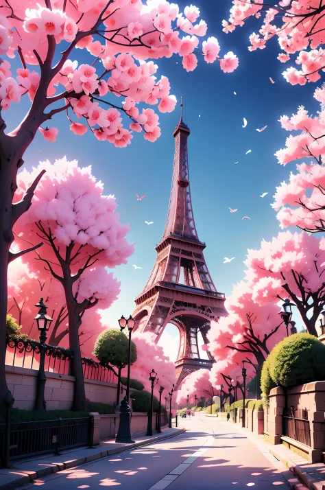 painting of the Eiffel tower, Cherry blossoms around Eiffel tower, vampire college student Cherry in Paris, white hair, blue eye...