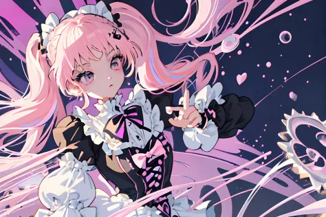 young woman with wild blonde hair in twin tails, black eyes and small chest in pink and white Victorian gothic lolita dress , ma...