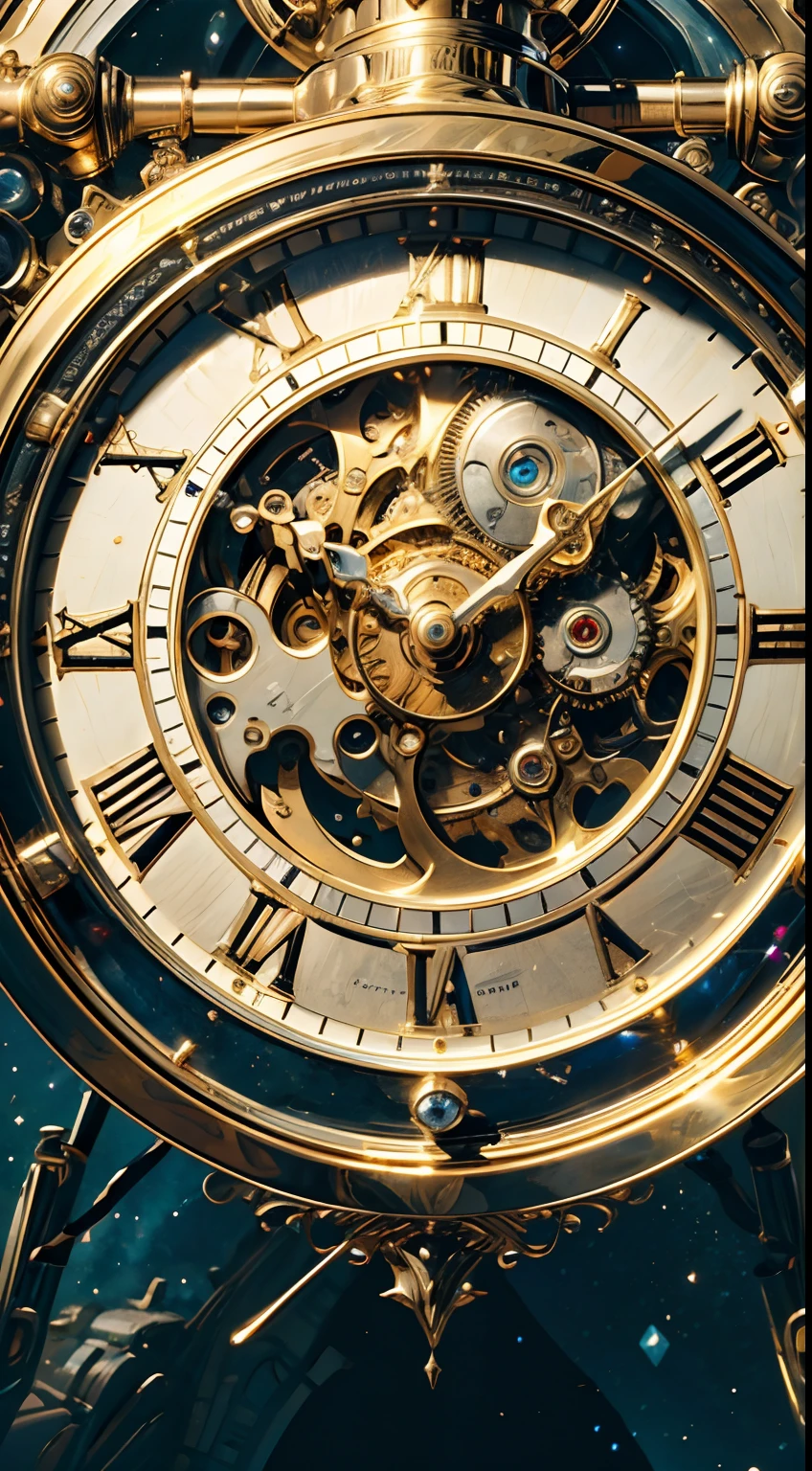 8K, 16k, Award-winning, Highest quality, Highest resolution, Super detail, High detail, Anatomically correct, Masterpiece),UHR， A clock in the starry sky，The timekeeping mechanism of the future, delicate craftsmanship , A legendary mechanical clock, Rare and precious, Intricate details, Smart clocks are made of a metal called orichalcum, There are no gemstones, (The inside of the mechanical clock is engraved with ancient characters: 1.2), Impeccable, Platinum, White, Gold and silver, Mysterious starry sky，cyber punk perssonage，high - tech，hyper realisitc，Sci-fi dreams
