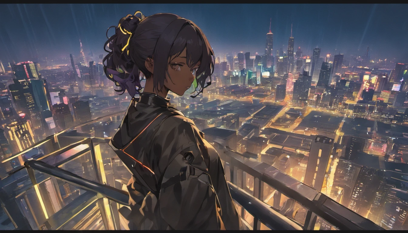 A woman standing on a ledge looking at a city at night - SeaArt AI