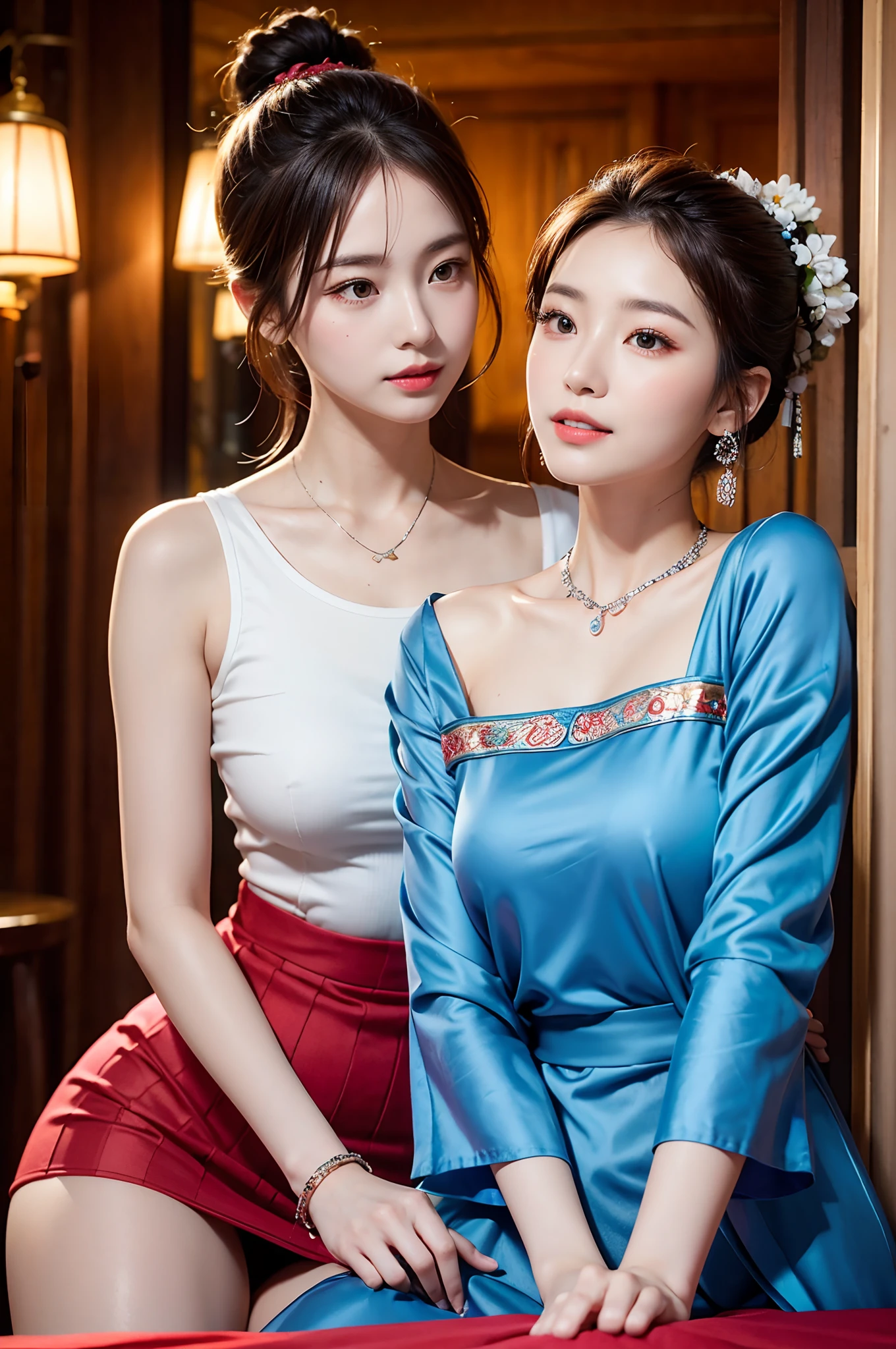 （8K分辨率，Vista half body photo），（closeup portrait of two women,sitting together,Detailed Face, front view, Look at the camera,duo,stroking,leering:1.4,20yr old,delicate face，详细的脸，Redlip，Fair smooth skin，（Classic Hmong costume：1.4，（Satin fabric with flowers，The cuffs are multi-colored horizontal strips，Cardigans，Short waist long version），Silver products，Silver necklace，silver hair clip，hair-bun），（pleatedskirt，（Hmong embroidery、batik）），耳Nipple Ring，bangle，Tall and tall，Posture of conversation，perfect hand，Ultra-fine clothing material），（Traditional Xijiang Miao village，Festive party night background in cottage，Exquisite environmental details），（exhilarated，confident smile，Rejoice），（profesional lighting，动态照明），（（The colors are more balanced，（black in color，blue colors，red colour））），（Golden section，Cinema lenses，Hasselblad photograp，tmasterpiece：1.3），（Miaozhai idol，Focus on the field，trendsetting，Folklore artist，Art platform）