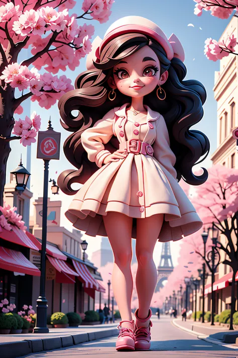 painting of the Eiffel tower, Cherry blossoms around Eiffel tower, vampire college student Cherry in Paris, sunkissed street pat...