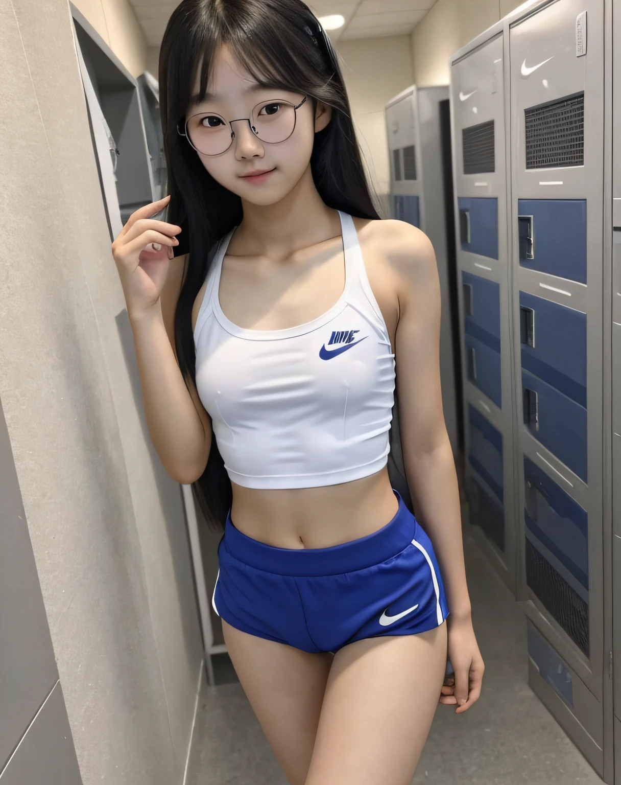 A close up of a woman in a white tank top and blue shorts - SeaArt AI