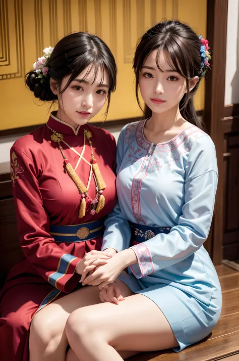 （8K分辨率，Vista half body photo），（closeup portrait of two women,sitting together,Detailed Face, front view, Look at the camera,duo,...