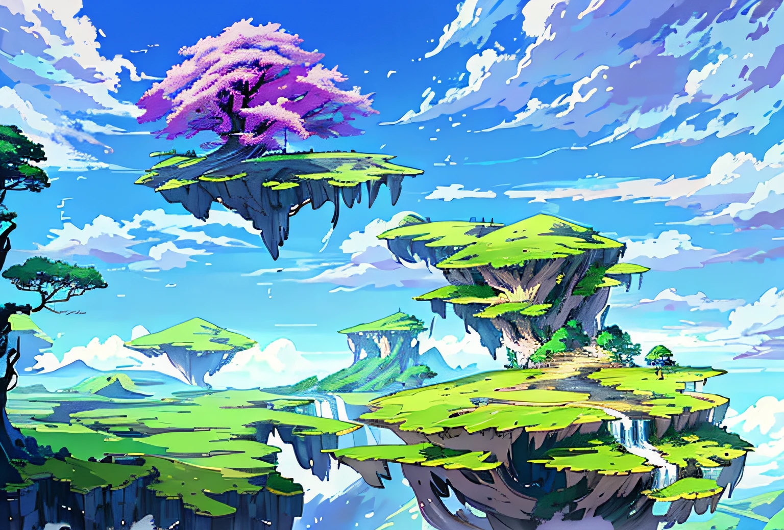 a painting of a tree on a cliff with a waterfall, floating and flying island, anime landscape, floating mountains, floating island in the sky, anime scenery concept art, flying island in the sky, floating lands in-clouds, ross tran. scenic background, anime countryside landscape, anime landscape wallpaper, flying islands, whimsical fantasy landscape art, beautiful anime scenery, flying island