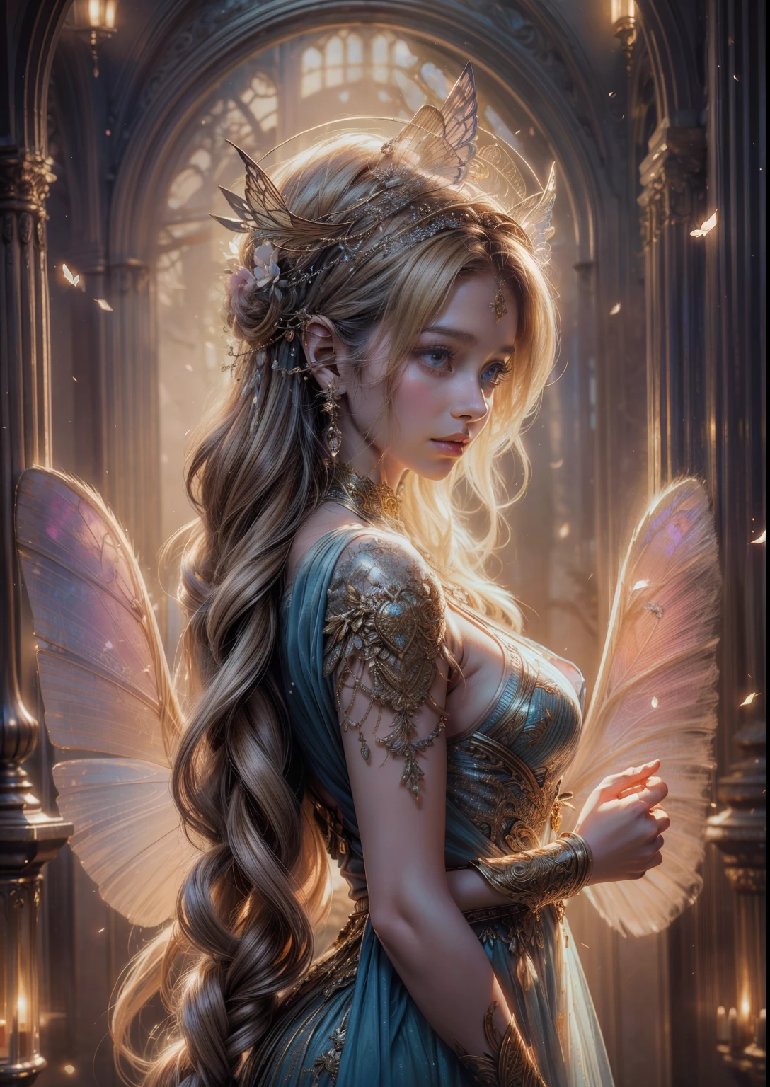 flower spirit,small,butterfly wing,girl,(best quality,4k,8k,highres,masterpiece:1.2),ultra-detailed,(realistic,photorealistic,photo-realistic:1.37),ethereal,soft colors,glowing light,enchanted forest,magical atmosphere,nature background,delicate petals,vibrant flowers,gentle breeze,peaceful expression,vivid eyes,long flowing hair,graceful pose,sunlit scene,subtle details,fantastical elements,whimsical,translucent wings,serene ambiance,sprightly,joyful,golden hour illumination,fairy-like,harmonious composition,delightful intricacies,intricate patterns,dreamy,sublime,pure,innocent,playful,enchanted moment