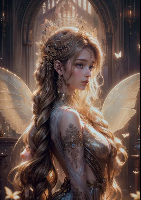 flower spirit,small,butterfly wing,girl,(best quality,4k,8k,highres,masterpiece:1.2),ultra-detailed,(realistic,photorealistic,photo-realistic:1.37),ethereal,soft colors,glowing light,enchanted forest,magical atmosphere,nature background,delicate petals,vib...