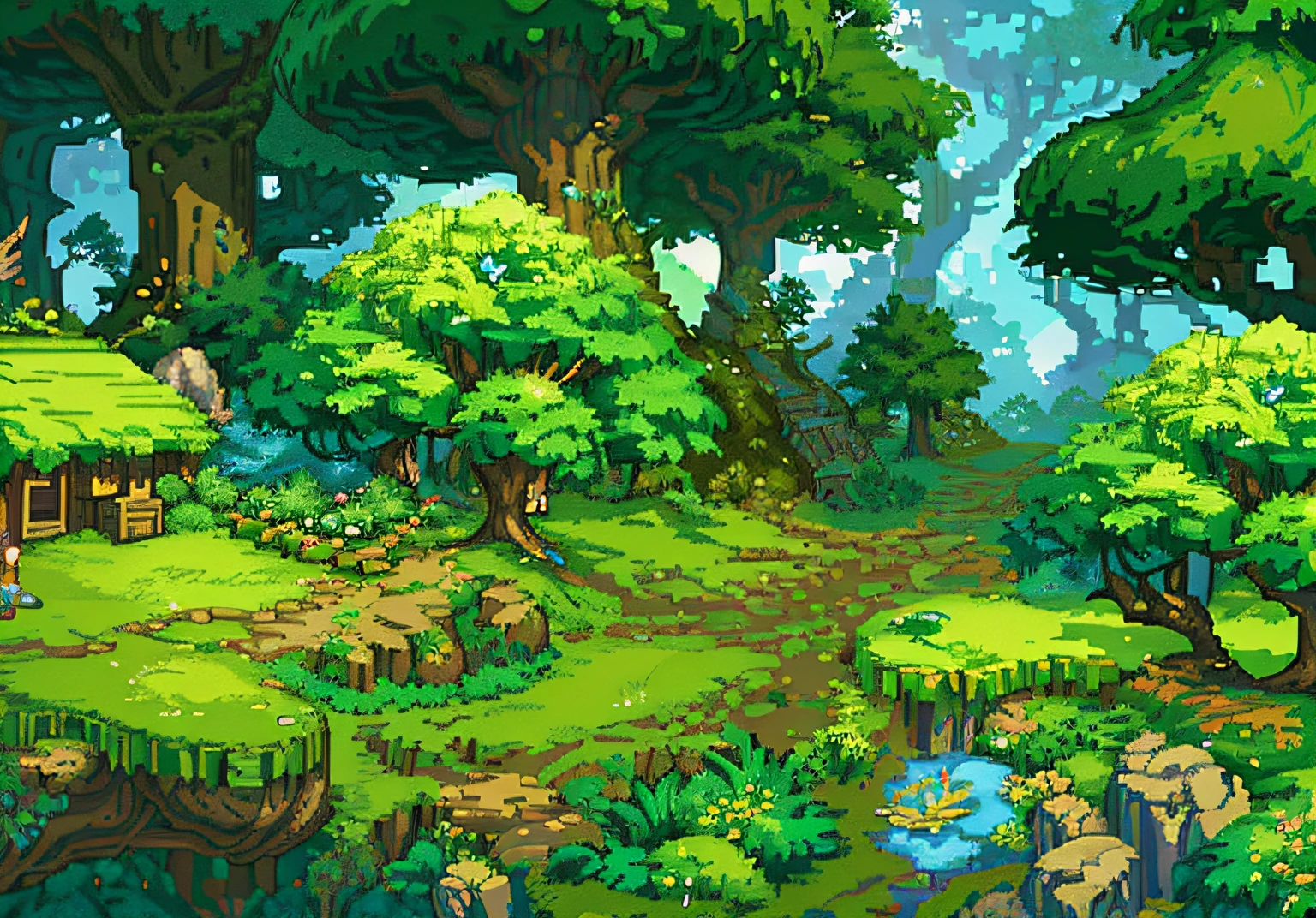 a close up of a cartoon style scene of a forest, made in rpg maker, beautiful detailed pixel art, fairy kingdom forest, art style of dark cloud 2, elf forest background, 2 d digital video game art, side scroller, secret of mana, ultra detailed game art, high quality pixel art, 2 d game art, 2d game art, rpg maker