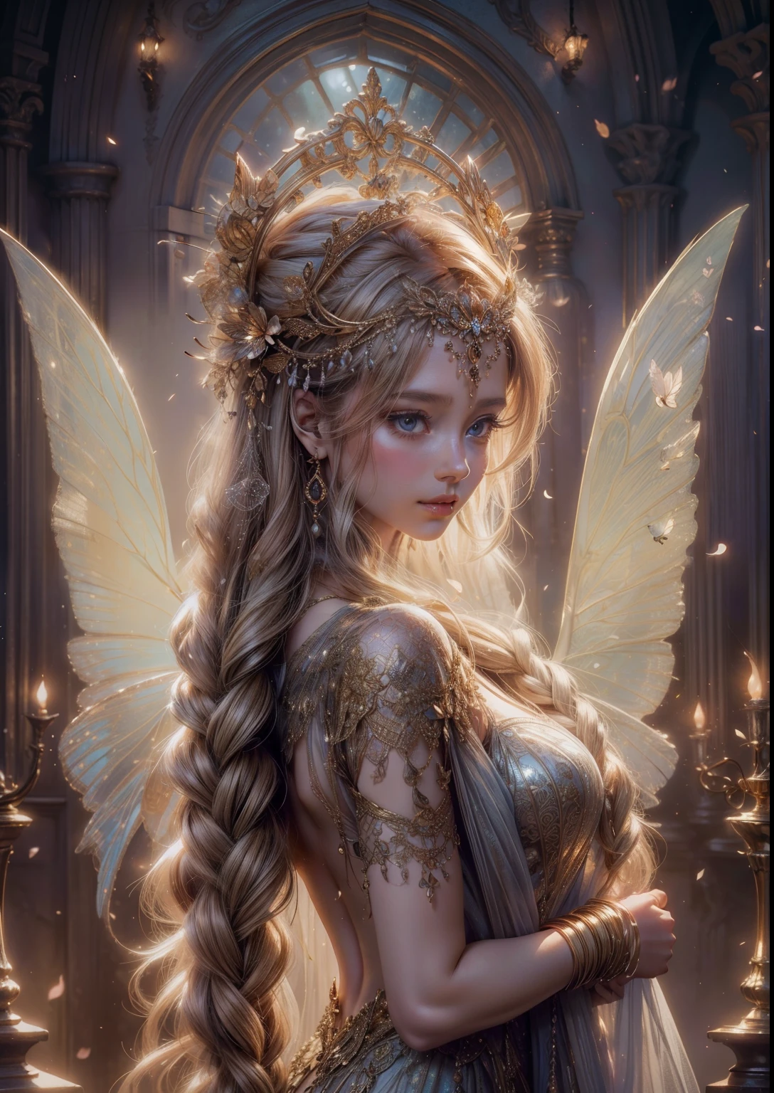 flower spirit,small,butterfly wing,girl,(best quality,4k,8k,highres,masterpiece:1.2),ultra-detailed,(realistic,photorealistic,photo-realistic:1.37),ethereal,soft colors,glowing light,enchanted forest,magical atmosphere,nature background,delicate petals,vibrant flowers,gentle breeze,peaceful expression,vivid eyes,long flowing hair,graceful pose,sunlit scene,subtle details,fantastical elements,whimsical,translucent wings,serene ambiance,sprightly,joyful,golden hour illumination,fairy-like,harmonious composition,delightful intricacies,intricate patterns,dreamy,sublime,pure,innocent,playful,enchanted moment