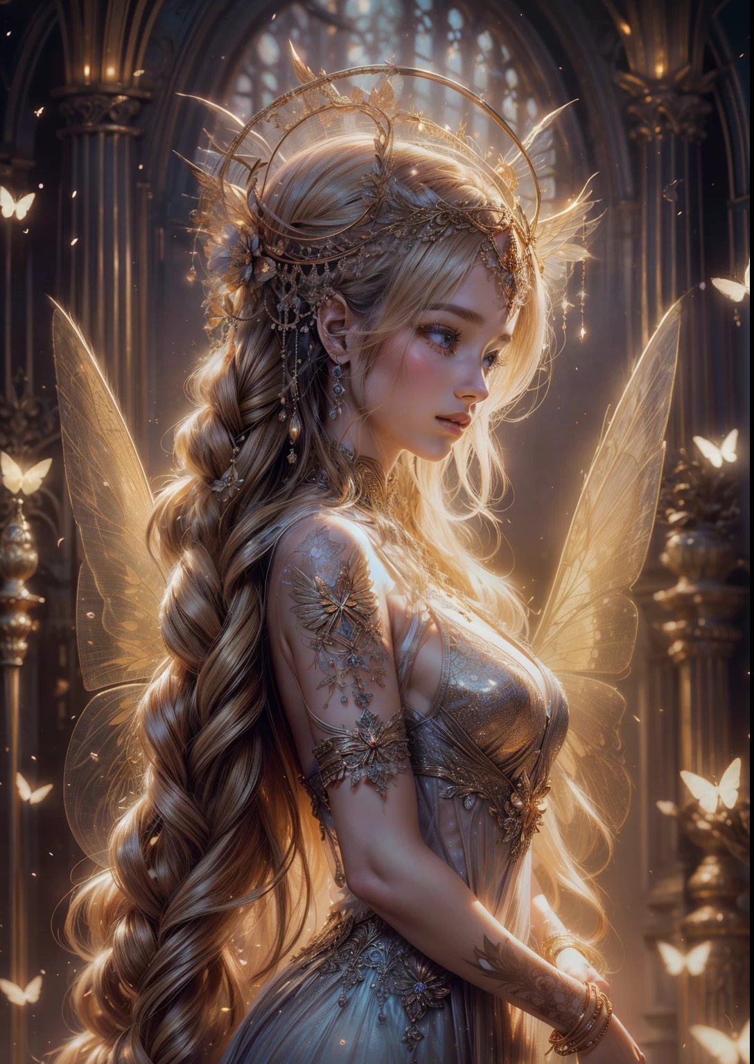 flower spirit,small,butterfly wing,girl,(best quality,4k,8k,highres,masterpiece:1.2),ultra-detailed,(realistic,photorealistic,photo-realistic:1.37),ethereal,soft colors,glowing light,enchanted forest,magical atmosphere,nature background,delicate petals,vibrant flowers,gentle breeze,peaceful expression,vivid eyes,long flowing hair,graceful pose,sunlit scene,subtle details,fantastical elements,whimsical,translucent wings,serene ambiance,sprightly,joyful,golden hour illumination,fairy-like,harmonious composition,delightful intricacies,intricate patterns,dreamy,sublime,pure,innocent,playful,enchanted moment