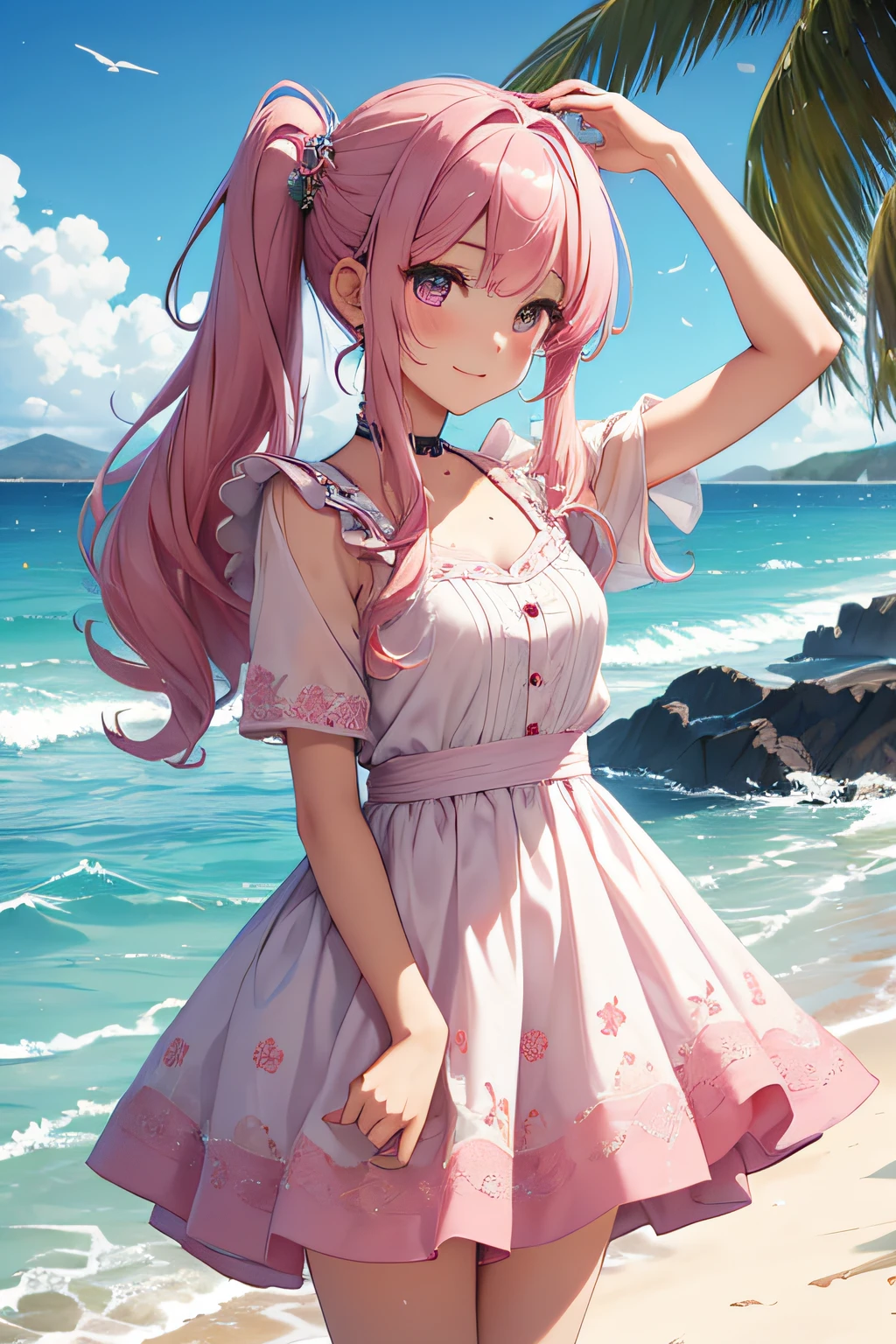 ​masterpiece、Background with（（sea side、sand beach））、15yo student、a beauty girl、Pink hair、Embroidery with attention to detail in the dress、skirt by the、perspiring、Hair wetness、Bunching hair、poneyTail