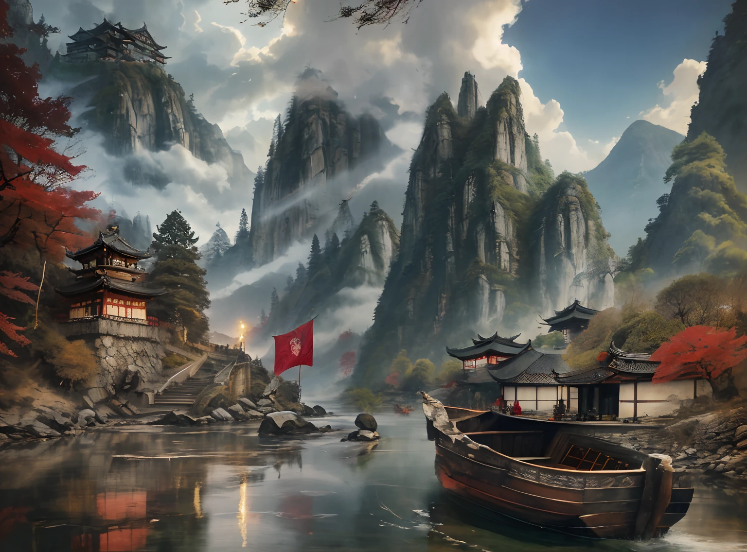 a painting of a mountain scene, river, Ancient Japanese fishing village at the foot of the mountain, fishing nets, Mountain river in dark gloomy forest, rain, ( large inn: wooden, on the rock, crowded), (lot of griffin flags: huge, gold lion with wing on red silk), (background: ancient japan castle, fogg, mountains)