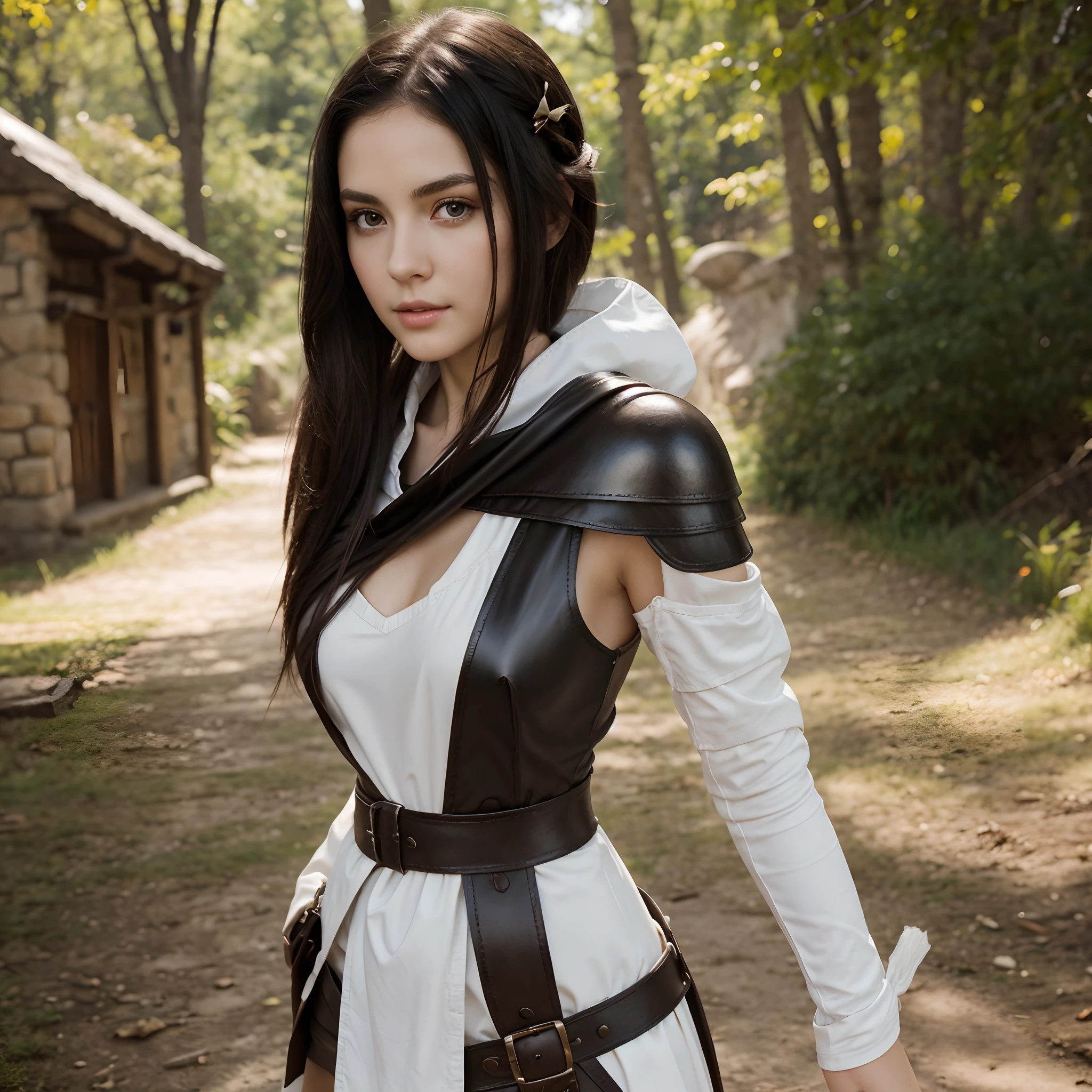 A beautiful young white woman with shoulder length black hair and big brown eyes. She is wearing leather armor and carrying a long bow. She has small breasts.  She has porcelain white skin. She is skinny.