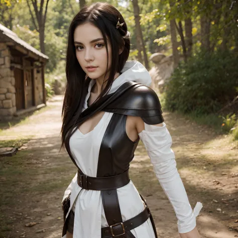 A beautiful young white woman with shoulder length black hair and big brown eyes. She is wearing leather armor and carrying a lo...