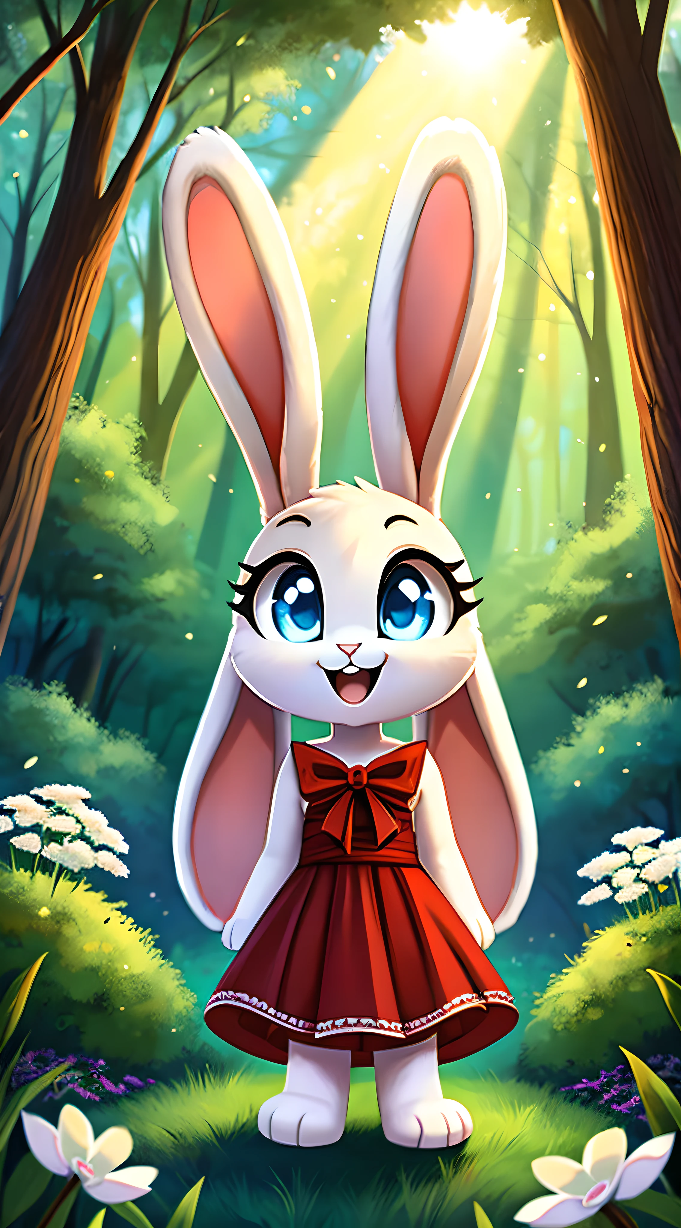 zoomed out image, fantasy style art, cute, adorable, short character, small, tiny little fluffy female white bunny with blue eyes, 4 ears, 2 extra ears, big floppy ears, long ears, ears perked up, raised ears, long eyelashes, poofy rabbit tail, wearing a red frilly ribbon dress, smiling, standing in a forest, big expressive smile, open mouth, wide eyes, excited eyes, excited face, stunning visuals, sunlight coming through the trees, white flowers scattered in the bushes, digital illustration