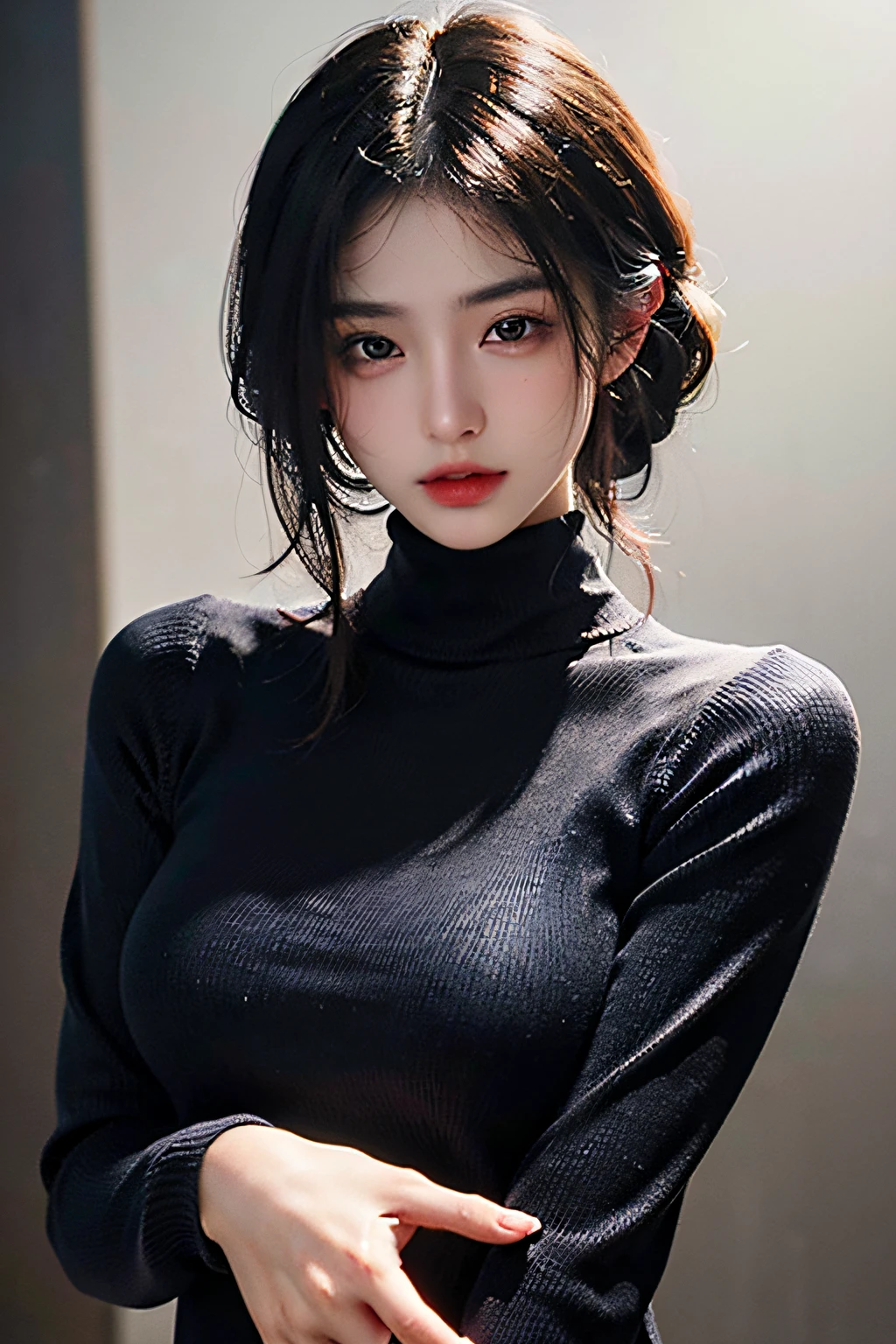 ultra high res,masterpiece,best quality,
very detailde face,detailed eyes,extremely intricate,perfect glossy shiny skins,perfect lighting,detailed lighting,dramatic shadows,ray tracing,
1girl,upper body,black sweater,looking at viewer,