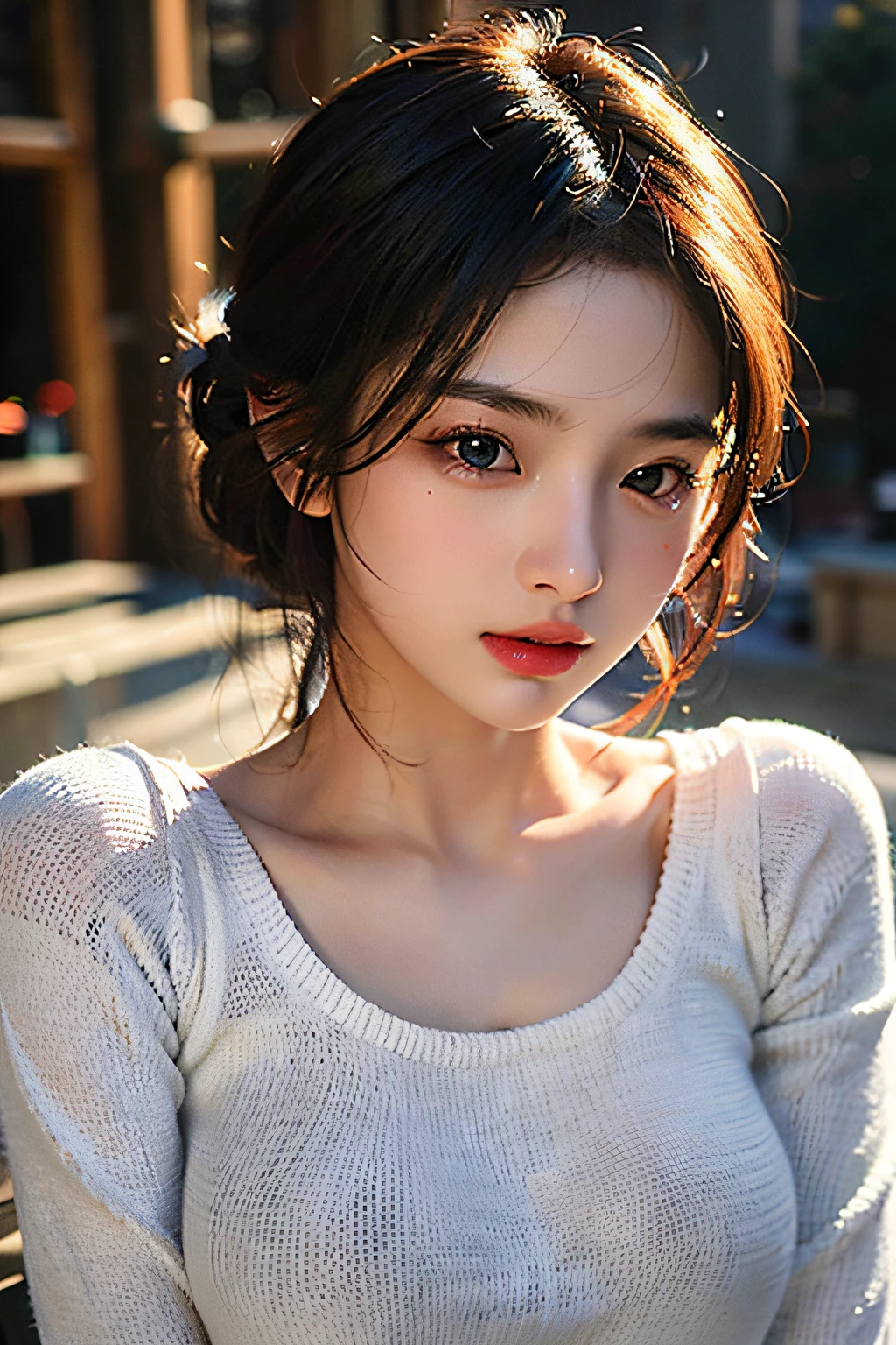 ultra high res,masterpiece,best quality,
very detailde face,detailed eyes,extremely intricate,perfect glossy shiny skins,perfect lighting,detailed lighting,dramatic shadows,ray tracing,
1girl,upper body,black sweater,looking at viewer,