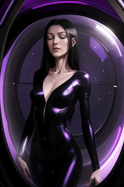 Thin anorexic woman, pale, long neck, long black hair, large breasts, hour glass frame.wears a purple v neck bodysuit, she is on...