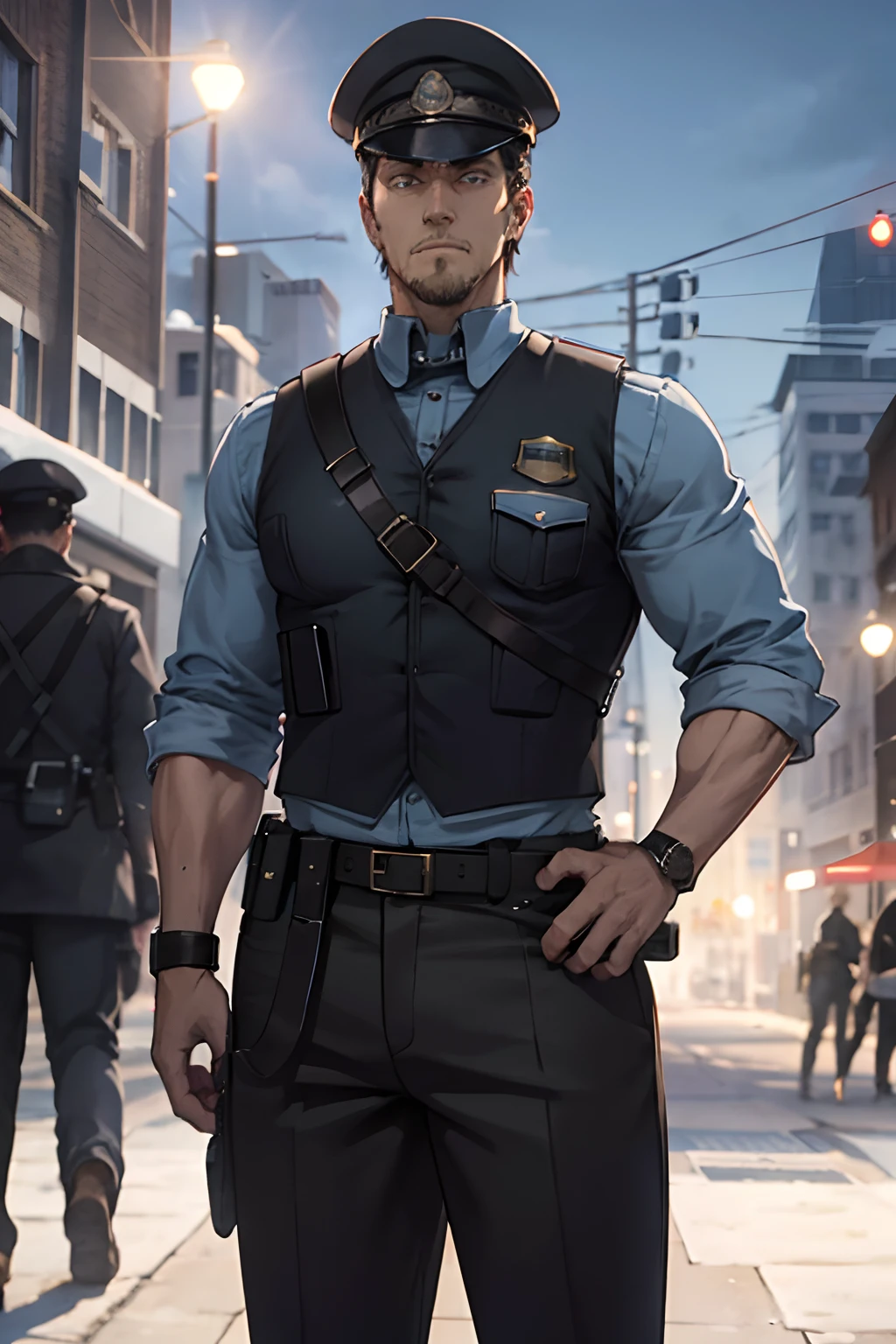 Tall fuerte man, muscular male, Pelo negro corto, sombrero de policia, uniforme de policia, Kevlar Oeste, mangas largas, Sombrero azul, uniforme de camisa azul, azul oscuro / pantalones negros, male, fuerte, poderoso, parado en una ciudad, reloj dorado en la muñeca, rastrojo ligero, ojos detallados