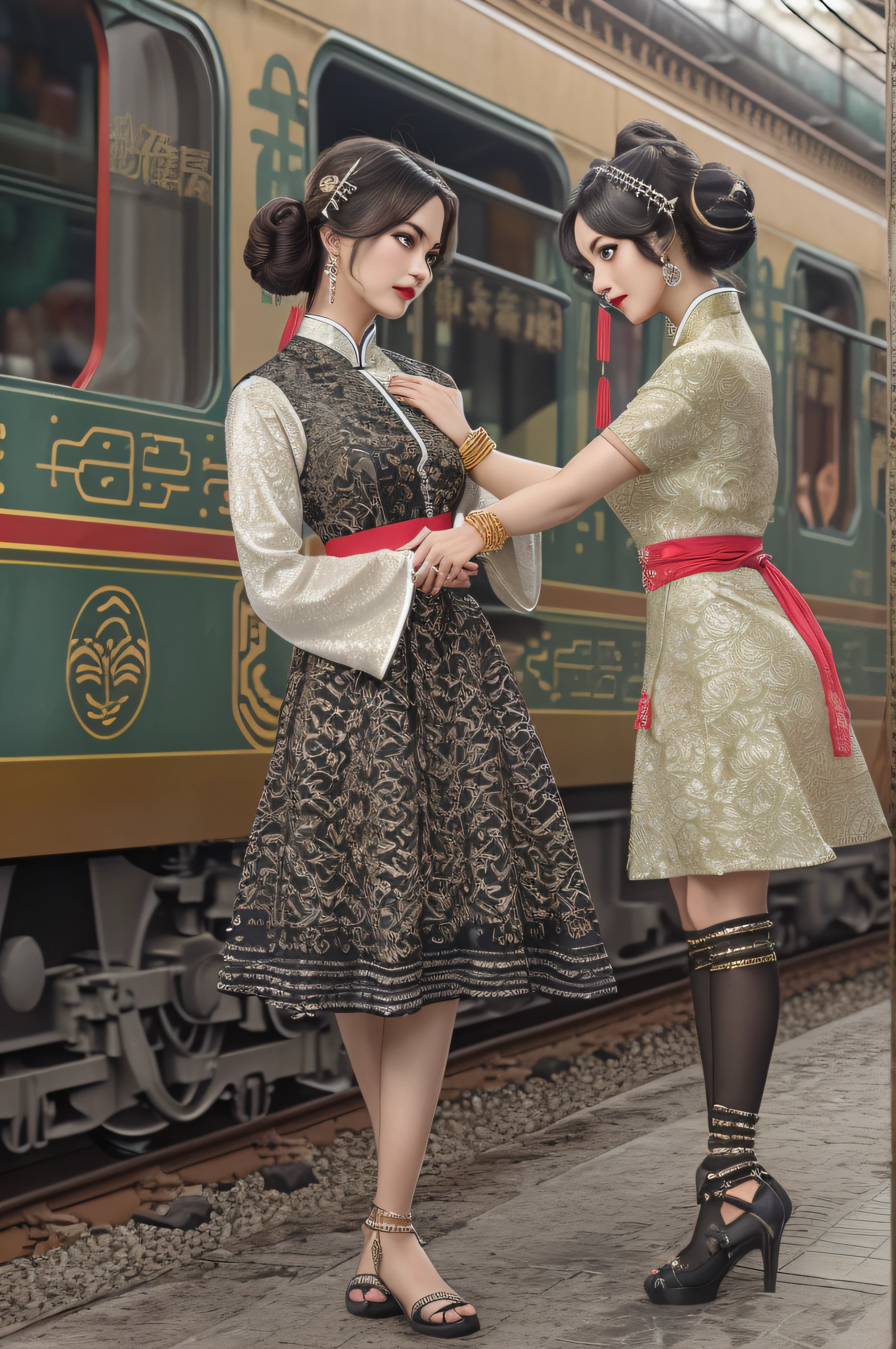 ((Realistic:1.5)),Ulzzang-6500:1.3，((Best quality)), ((Masterpiece)),((Detailed)),2girls,duo,railway station 1920's Shanghai,retro train background:1.4,{2 beautiful women}, (Upper body:1.3),(hair bun,Chinese retro hairpins:1.4),Hug and touch each other breasts while French kissing, Caress your friend's butt, Breathless friends, Biting a friend's earlobe, crouched,super wide shot,Face focus, Long legs,Curvy, Barefoot,Wide hips, Thin legs, Oversized eyes,Long eyelashes, (Detailed face,beautidful eyes, detailed pupils,detailed clothes features), (armlets, bangle:1.3),(Alebriès Art Style),Sharp,Perfect compounding, Intricate, Sharp focus, Dramatic,