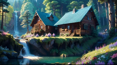 exaggerated and Dynamic scene - A wooden cottage, built on the right side of a small waterfall that flows into a lake on the lef...