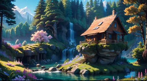 exaggerated and Dynamic scene - A wooden cottage, built on the right side of a small waterfall that flows into a lake on the lef...